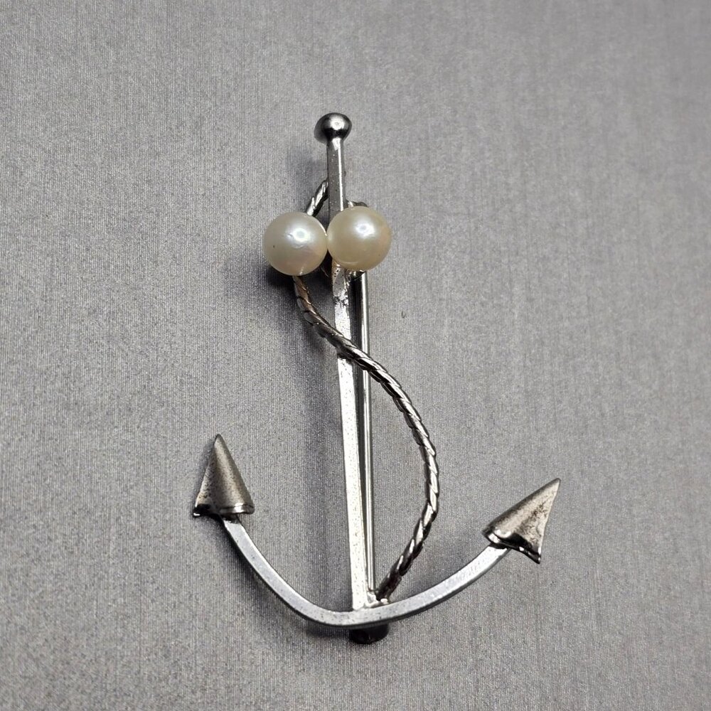 Vintage Curtis Sterling Silver Anchor Brooch 1.75" Pearls Signed DCE Nautical - Picture 9 of 9